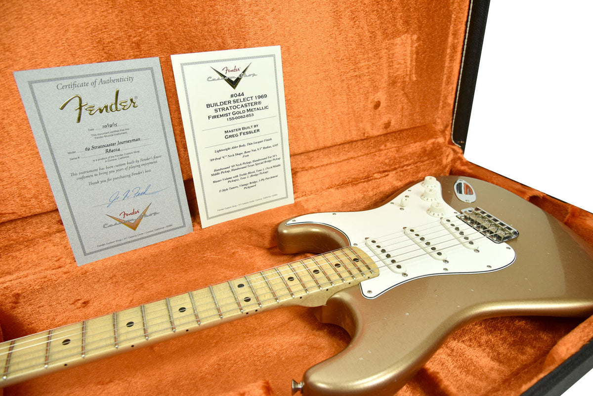 Used Fender Custom Shop Builder's Select 69 Strat Relic Masterbuilt by Greg Fessler in Firemist Gold Metallic R84024