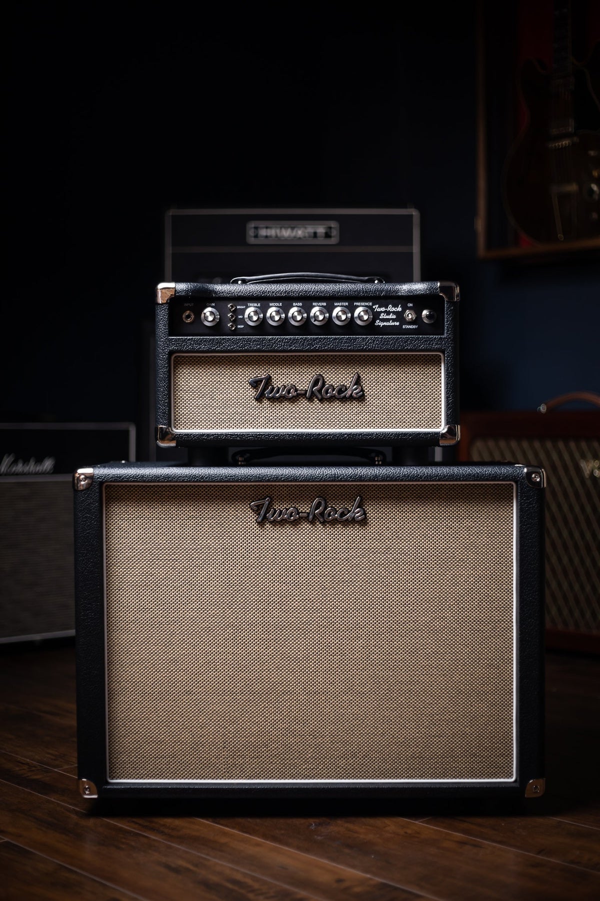 2022 Two-Rock Studio Signature 35 Watt Tube Head and 12-65B 1x12 Extension Cabinet - Black Levant, Black Chassis, Aged British Black and Tan Grill, Silver Knobs, White Piping