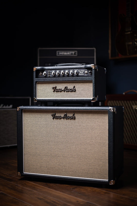 2022 Two-Rock Studio Signature 35 Watt Tube Head and 12-65B 1x12 Extension Cabinet - Black Levant, Black Chassis, Aged British Black and Tan Grill, Silver Knobs, White Piping