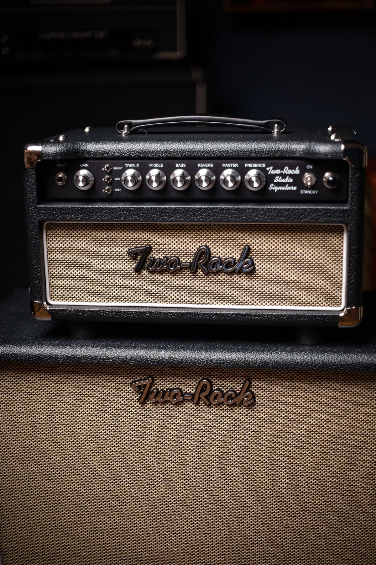 2022 Two-Rock Studio Signature 35 Watt Tube Head and 12-65B 1x12 Extension Cabinet - Black Levant, Black Chassis, Aged British Black and Tan Grill, Silver Knobs, White Piping